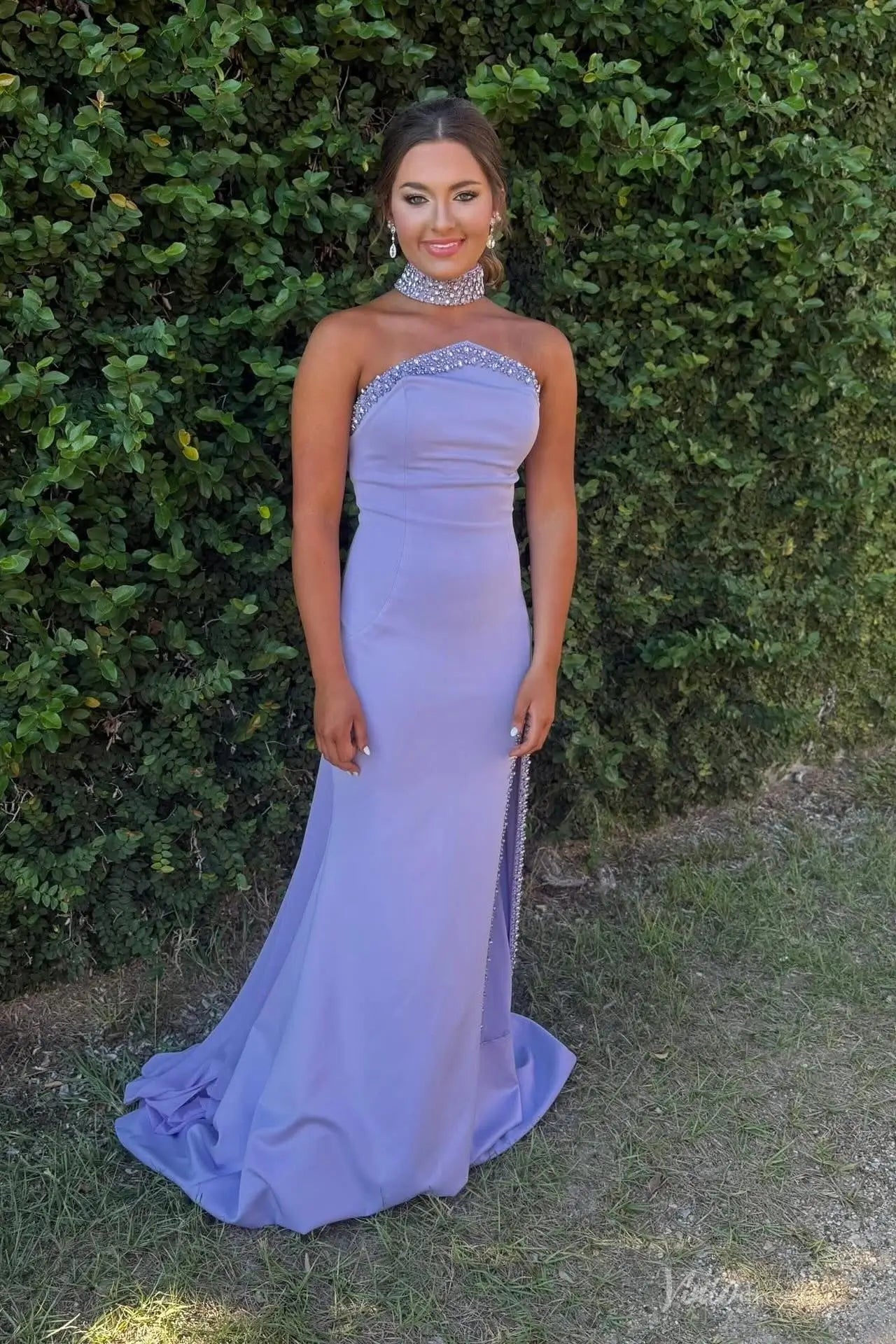 Lavender Rhinestone Choker Prom Dress with High Slit SS175 Viniodress Lavender Rhinestone Choker Prom Dress with High Slit SS175 Viniodress