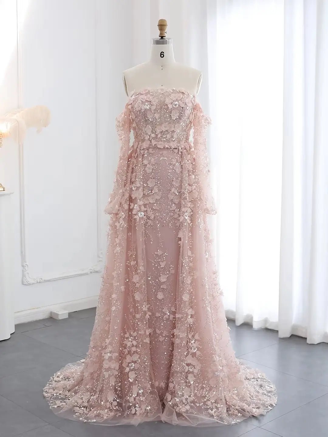 Lavender Floral Prom Dresses Overskirt Formal Dresses Off the Shoulder Long Sleeve BD039-Evening Dresses 2025 -Viniodress-Pink-US 2-