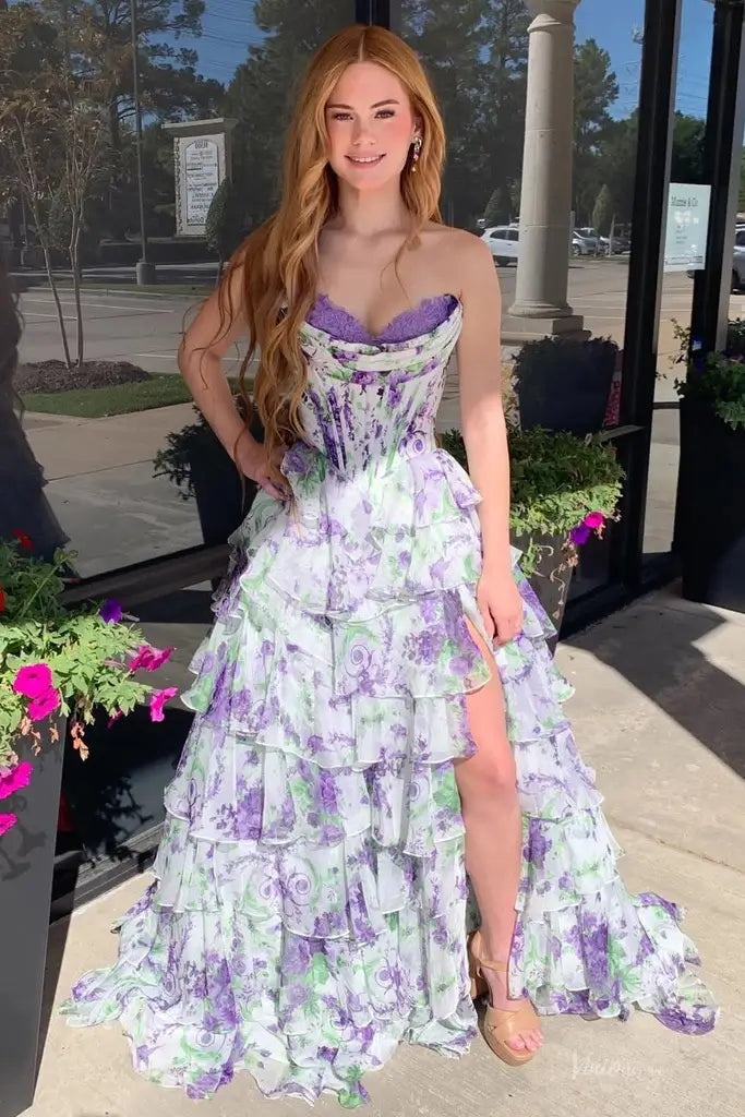 purple floral prom dress Lavender Floral Ruffle Prom Dress with High Slit – RF055 – Viniodress