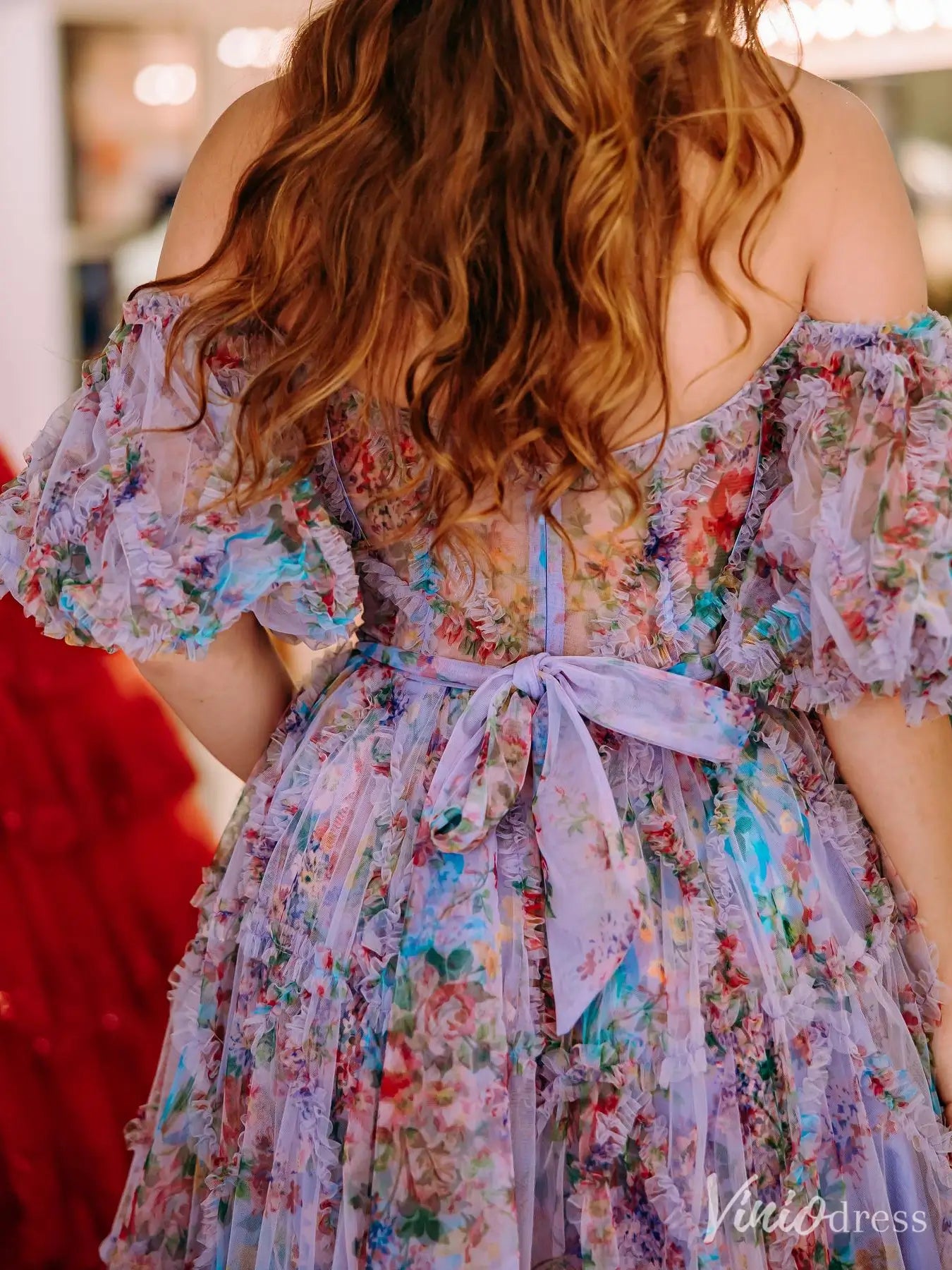 Lavender Floral Tulle Prom Dress with Off-Shoulder Sleeves, Sheer Corset Bodice, and Ruffle Skirt – FD6175-prom dresses 2025 -Viniodress-Lavender-Custom Size-