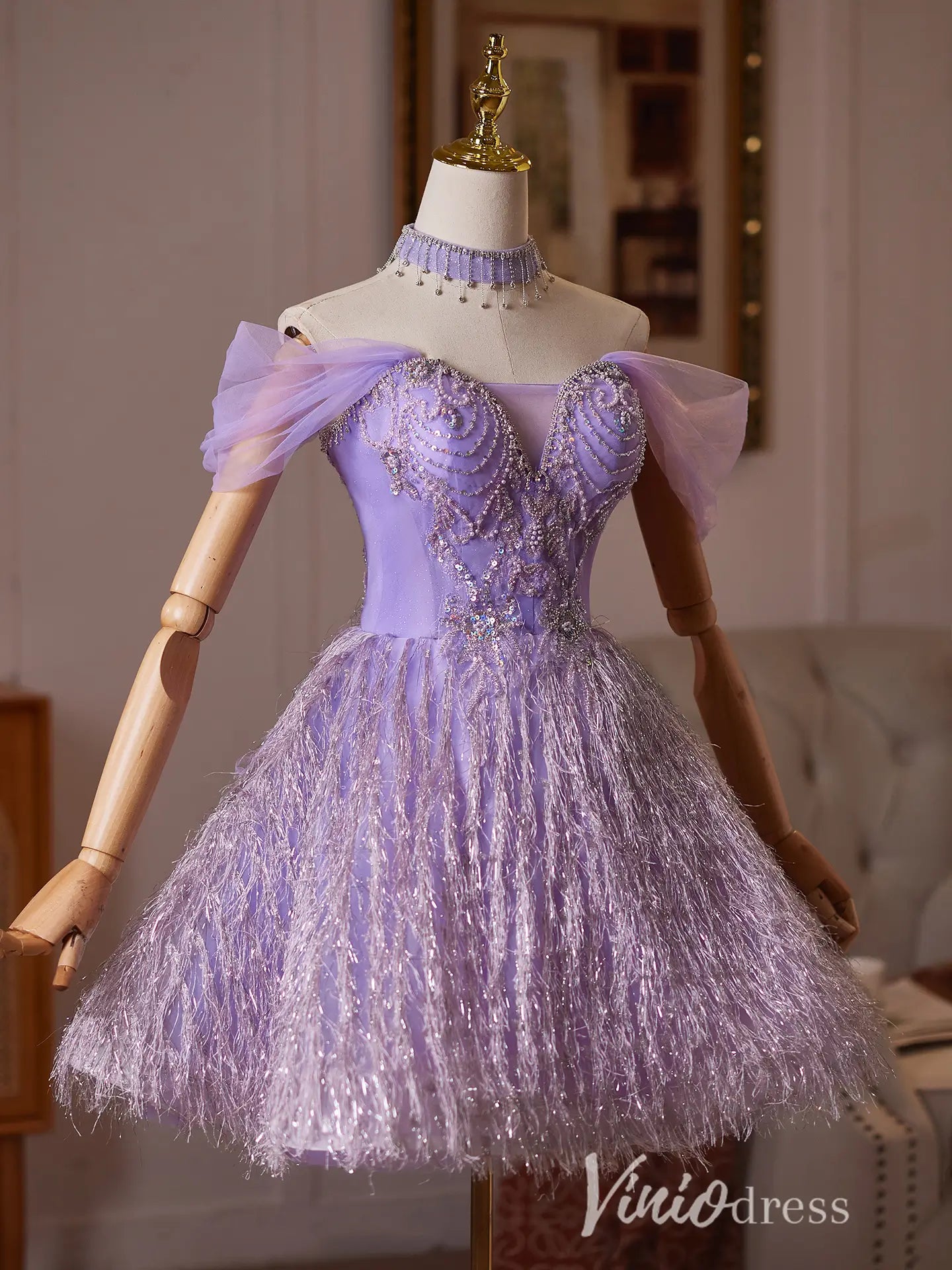 Lavender Glitter Fringe Hoco Dress with Beaded Bodice – Viniodress