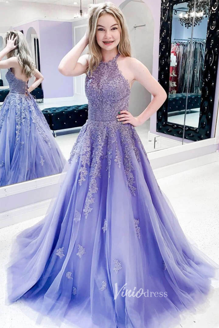 Lavender Lace Applique Prom Dresses Halter Neck Evening Dress FD3053 Viniodress Lavender Lace Applique Prom Dresses Halter Neck Evening Dress FD3053 Viniodress
