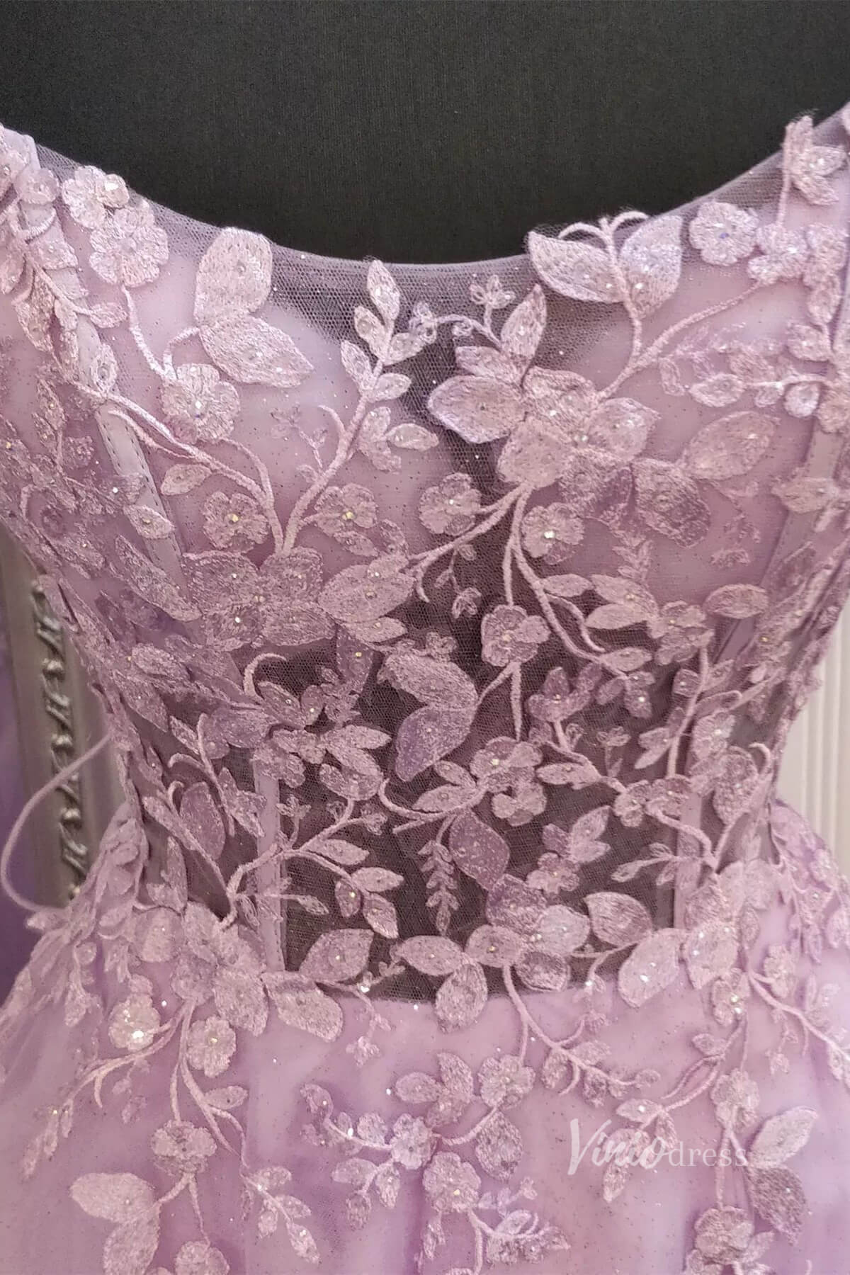 Lavender Lace Applique Prom Dresses Spaghetti Strap Sheer Bodice FD3980-prom dresses 2025 -Viniodress-Lavender-Custom Size-