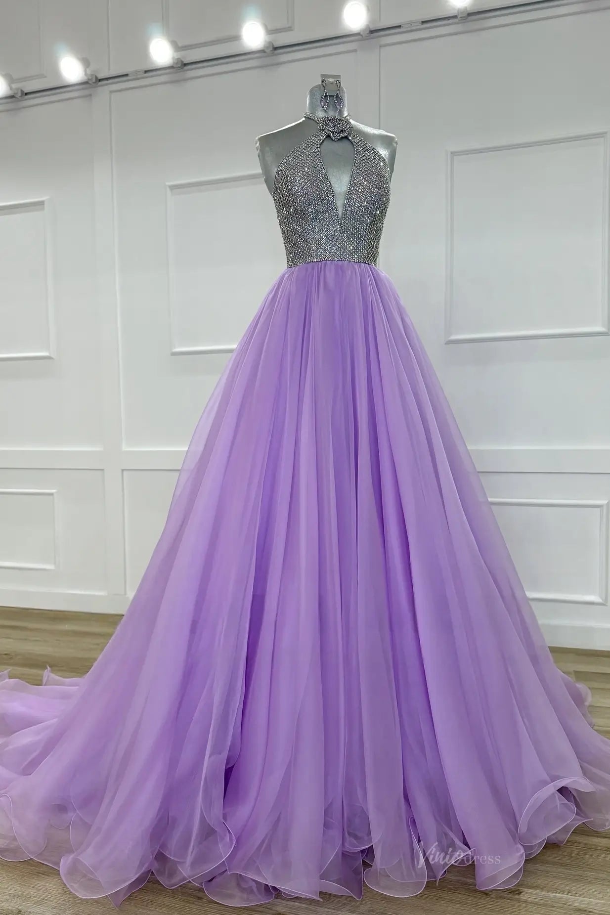 Lavender Rhinestone Halter Pageant Gown with Keyhole – PG026 – Viniodress