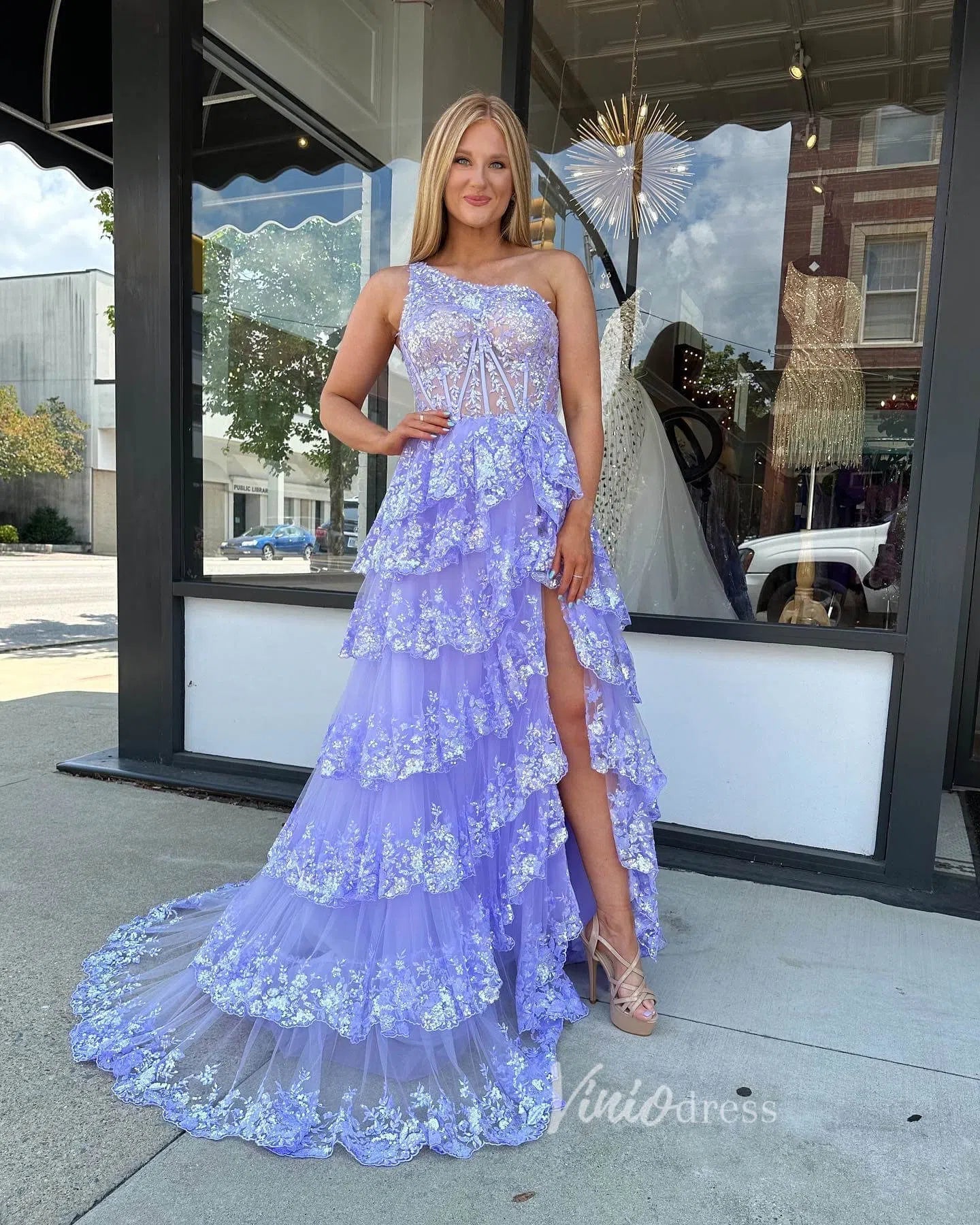 open lace back dress Beaded One Shoulder Sheer Slit Gown by GLS Gloria GL3116 M / Lilac
