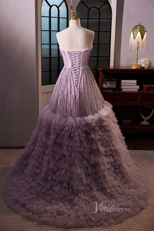 Lavender Ruffled Prom Dresses Strapless Beaded Evening Dress AD1061-prom dresses 2025 -Viniodress-Lavender-Custom Size-