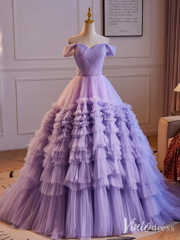 purple quince dresses off the shoulder Lavender Ruffled Tiered Prom Dresses Off the Shoulder Quinceanera Dres –  Viniodress