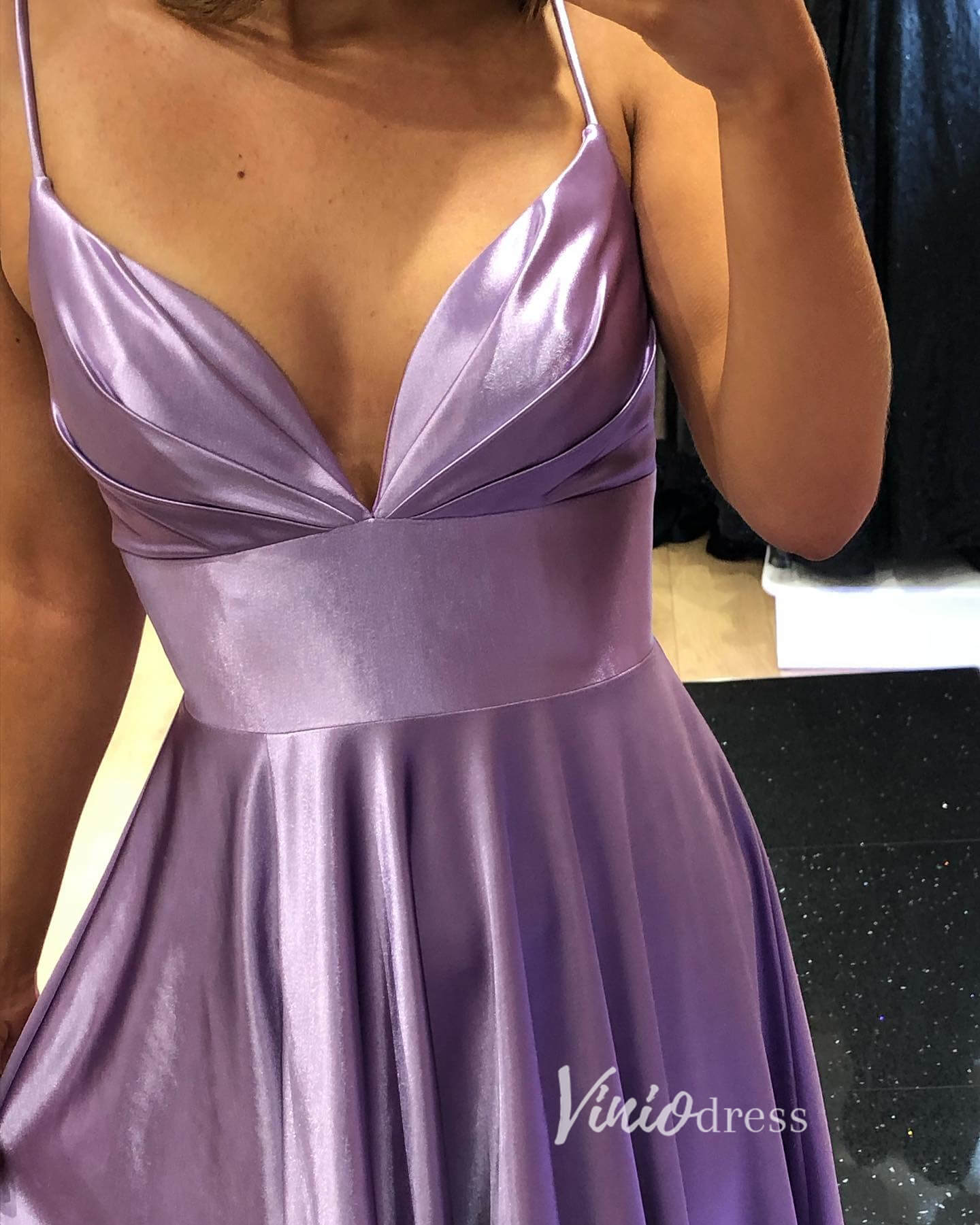 Lavender Satin Prom Dresses with Slit Spaghetti Strap Evening Dress FD3384-prom dresses 2025 -Viniodress-Lavender-Custom Size-