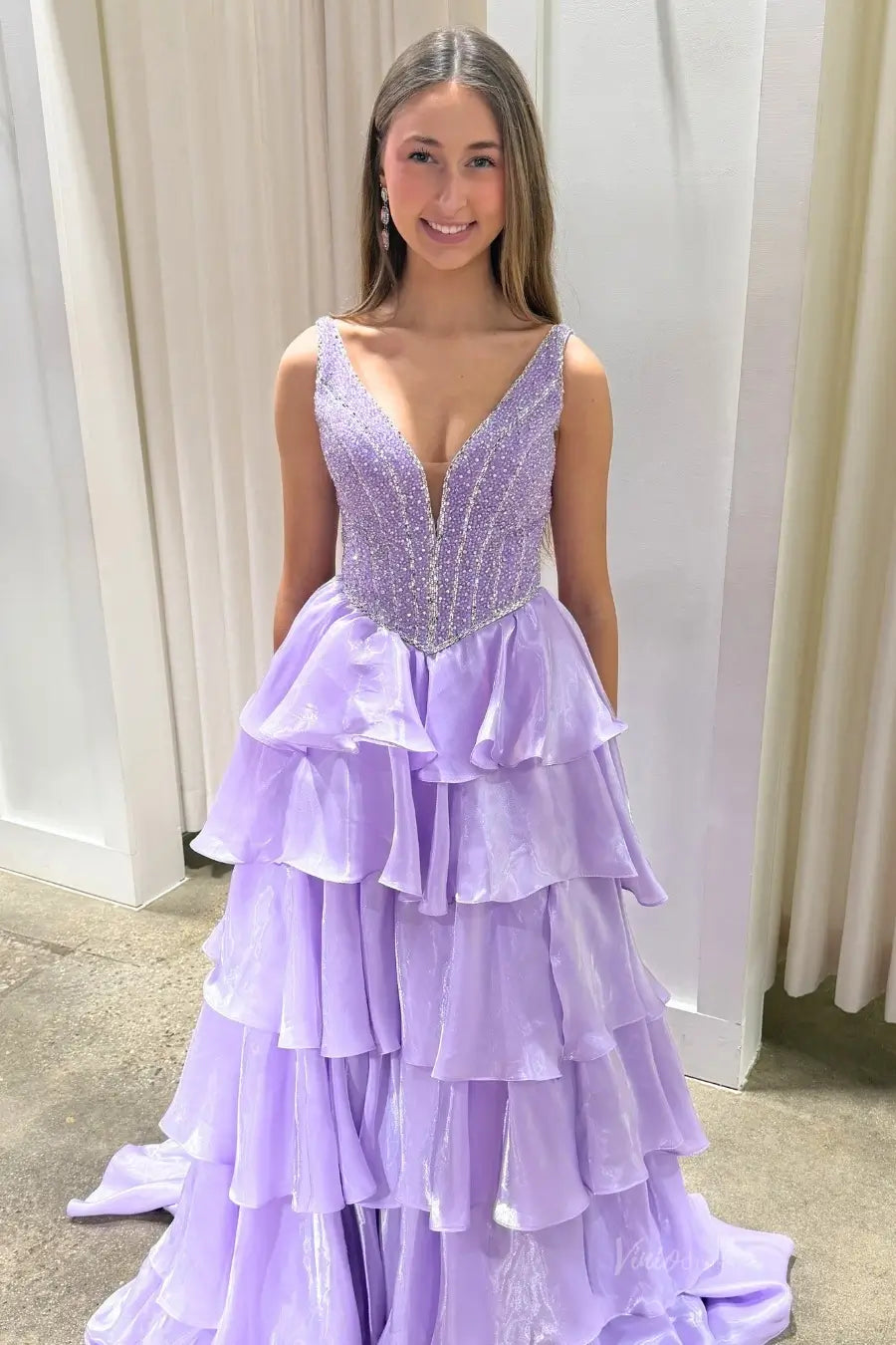 Lavender Shiny Organza Tiered Ruffle Prom Dress – RF217 – Viniodress