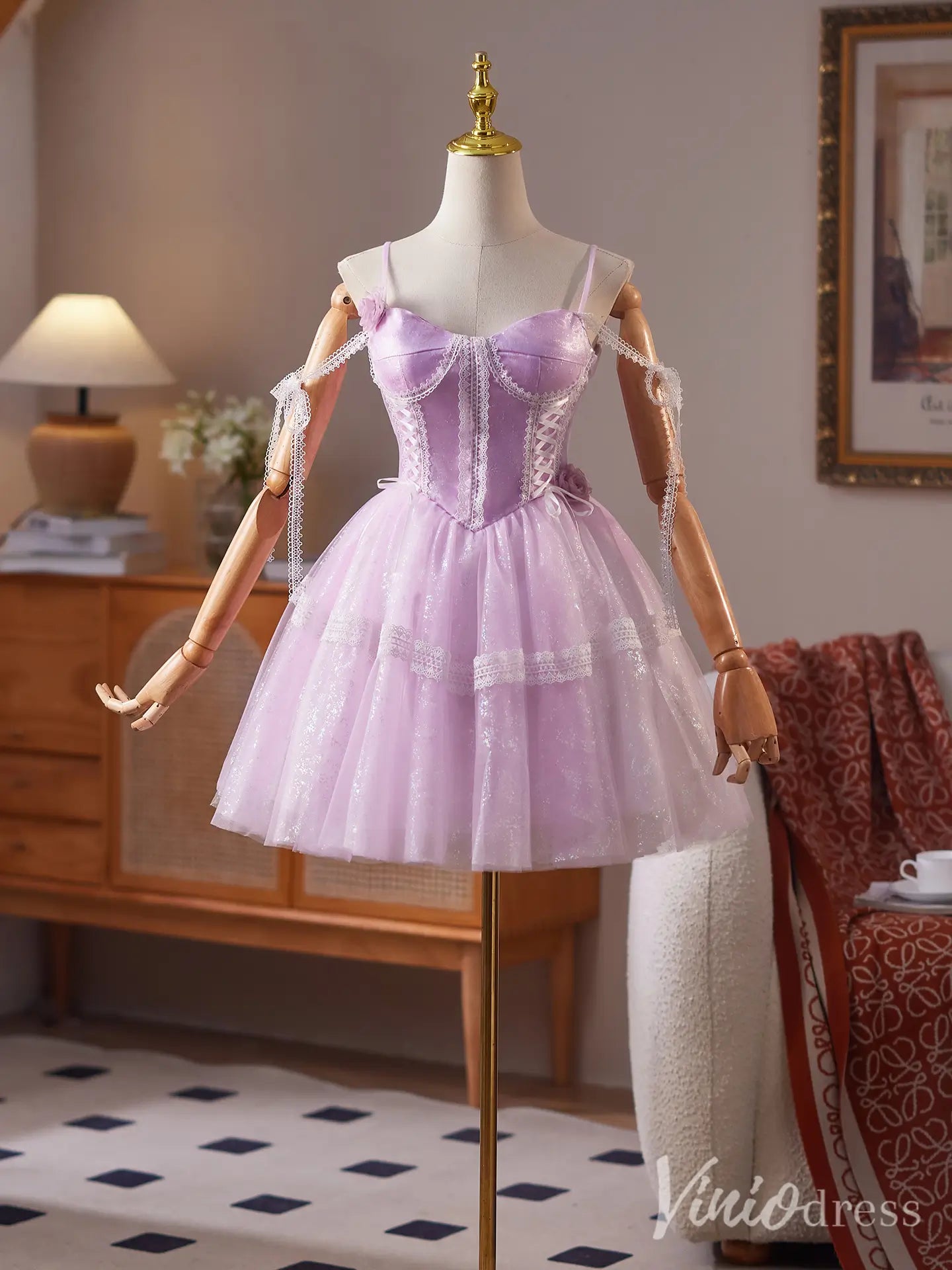 Lavender Spaghetti Strap Homecoming Dress with Lace Corset Bodice and Sparkly Tulle Skirt – BJ083-Homecoming Dresses 2025 -Viniodress-Lavender-Custom Size-