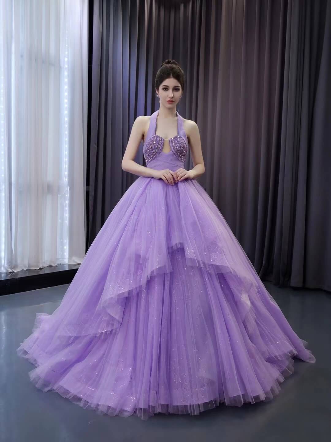 fitted lace wedding dress Lavender Sparkly Tiered Tulle Wedding Gown Halter Neck Quinceanera Dre –  Viniodress
