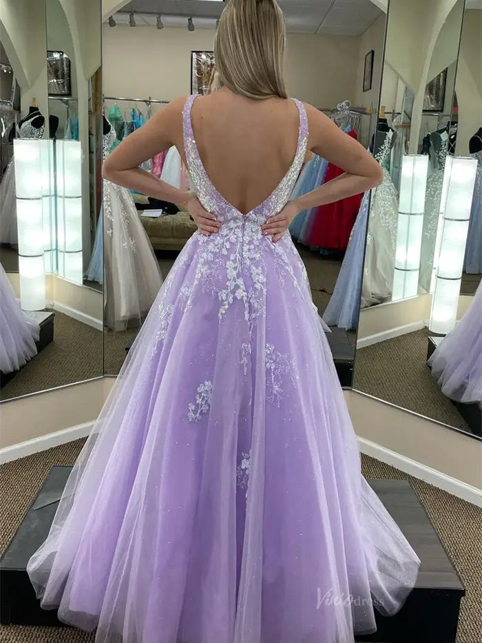 Lavender Sparkly Tulle Lace Prom Dresses with Plunging V-Neck & Open Back - FD5152-prom dresses 2025 -Viniodress-Lavender-Custom Size-