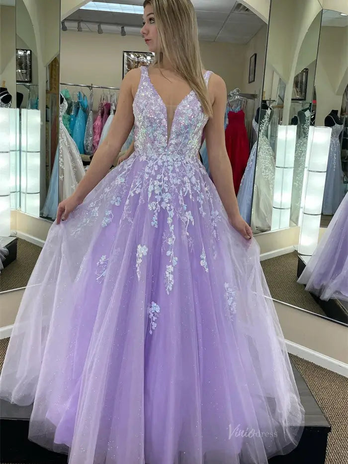 Lavender Sparkly Tulle Lace Prom Dresses with Plunging V-Neck & Open B –  Viniodress