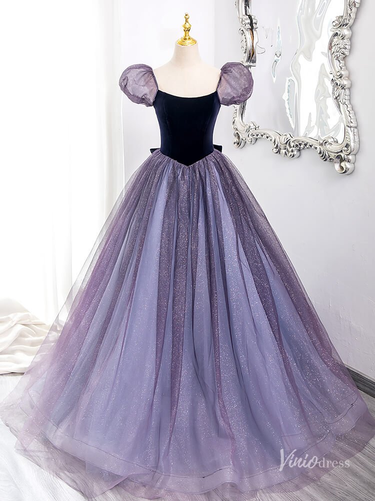 Lavender Sparkly Tulle Prom Ball Gown Puffed Sleeve Bow Quinceanera Dresses BG011-prom dresses 2025 -Viniodress-Lavender-Custom Size-