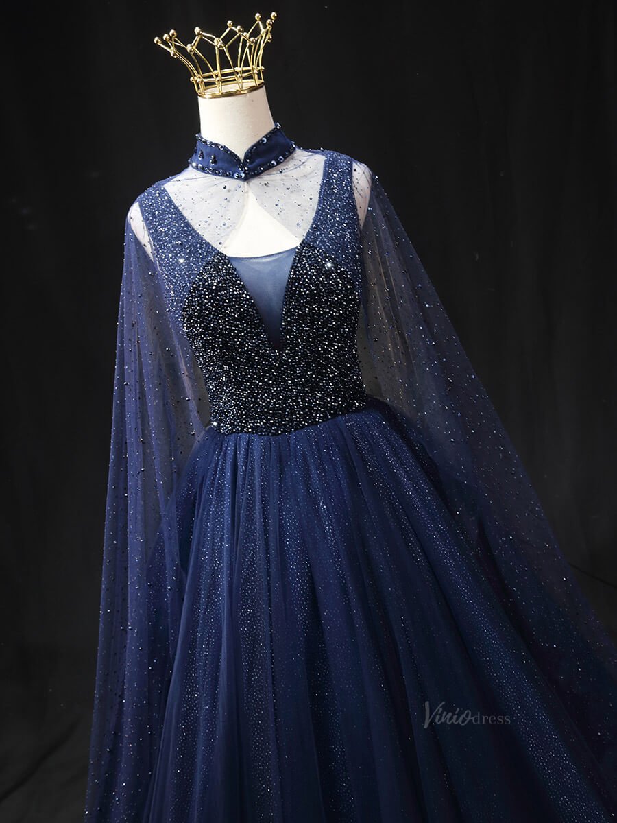 Lavender Sparkly Tulle Prom Dresses with Cape Sleeve, Beaded Bodice, High Neck, Quinceanera Dresses SU020-prom dresses 2025 -Viniodress-Lavender-Custom Size-