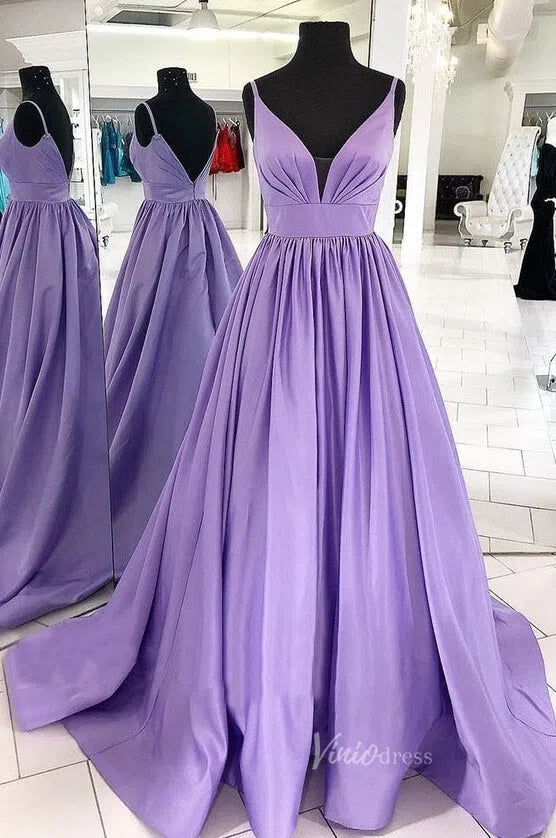 Lavender V-neck Long Prom Dresses with Pockets Backless FD1225-prom dresses 2025 -Viniodress-Lavender-Custom Size-