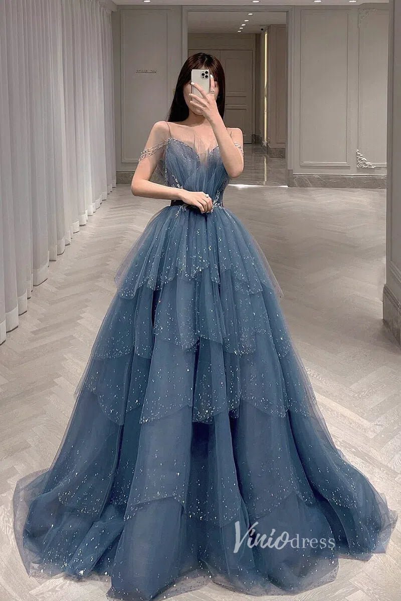 Layered Dusty Blue Formal Dress Tiered Sparkly Tulle Prom Gown FD2495 Viniodress Layered Dusty Blue Formal Dress Tiered Sparkly Tulle Prom Gown FD2495 Viniodress