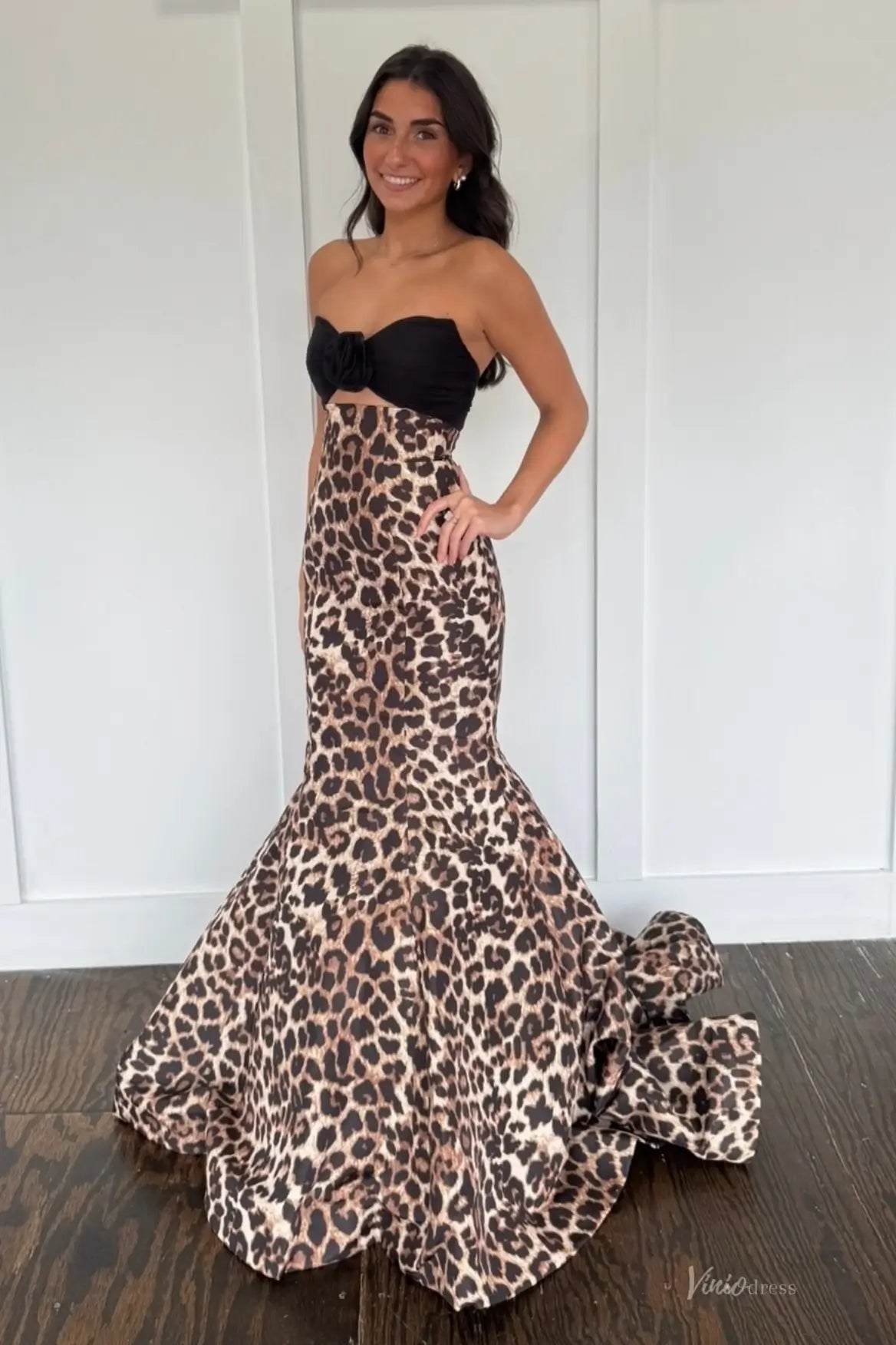 strapless mermaid dress pattern Leopard Print Strapless Mermaid Prom Dress with Black Bow Bodice – SS336 –  Viniodress