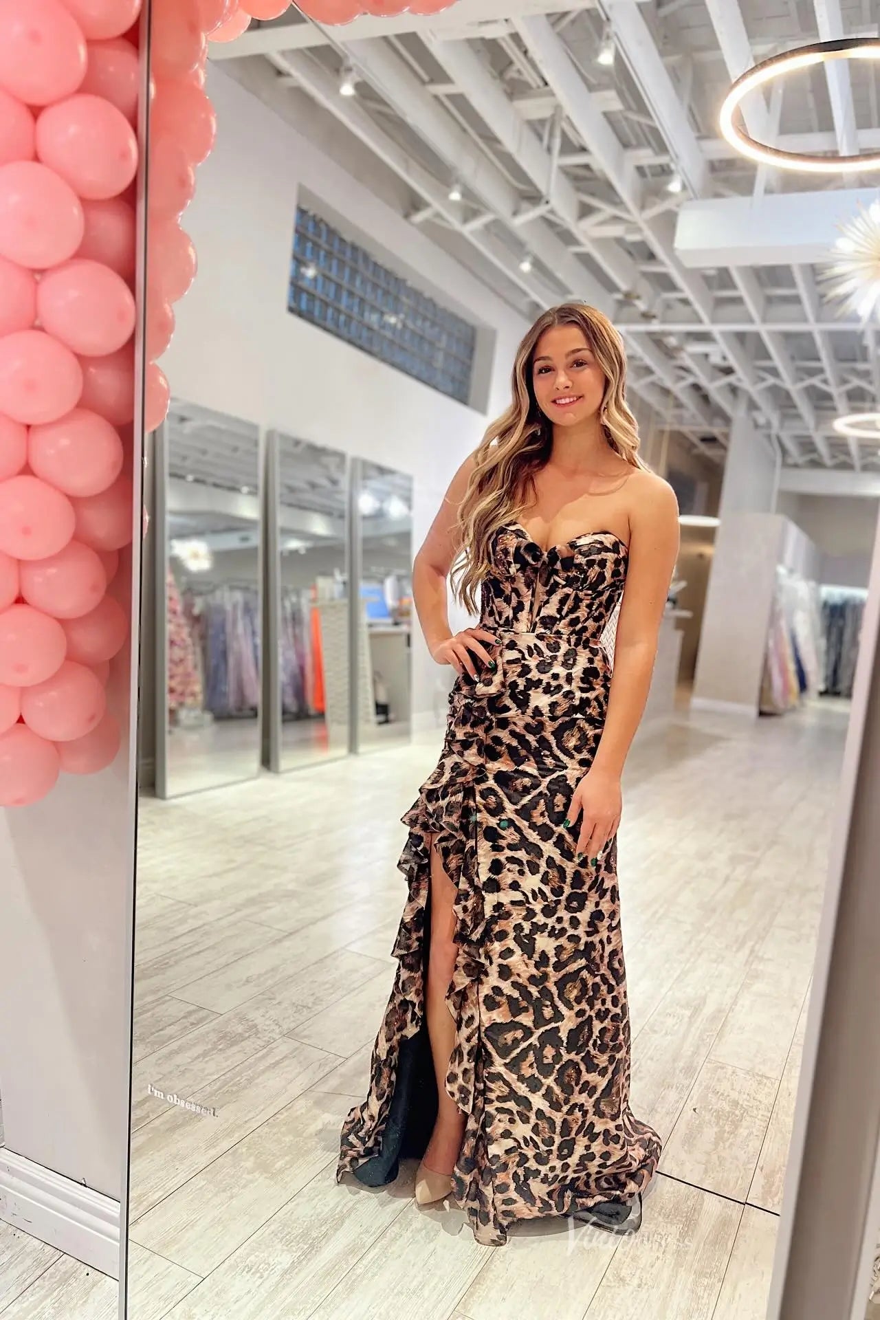 Leopard Print Strapless Prom Dresses with Sweetheart Corset Bodice, Ruffled Slit SS334-Prom Dresses 2026-Viniodress-Brown-US 0-