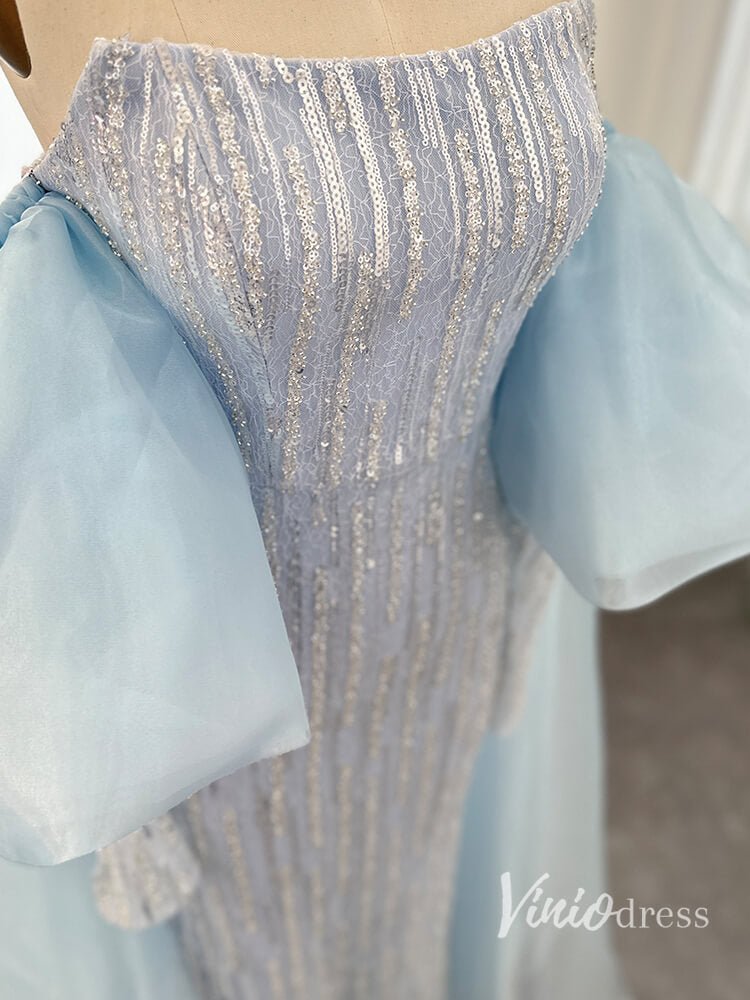 Light Blue Beaded Sequin Mermaid Evening Dresses Puffed Sleeve Pageant Dress AD1147-Evening Dresses 2025 -Viniodress-Light Blue-US 2-