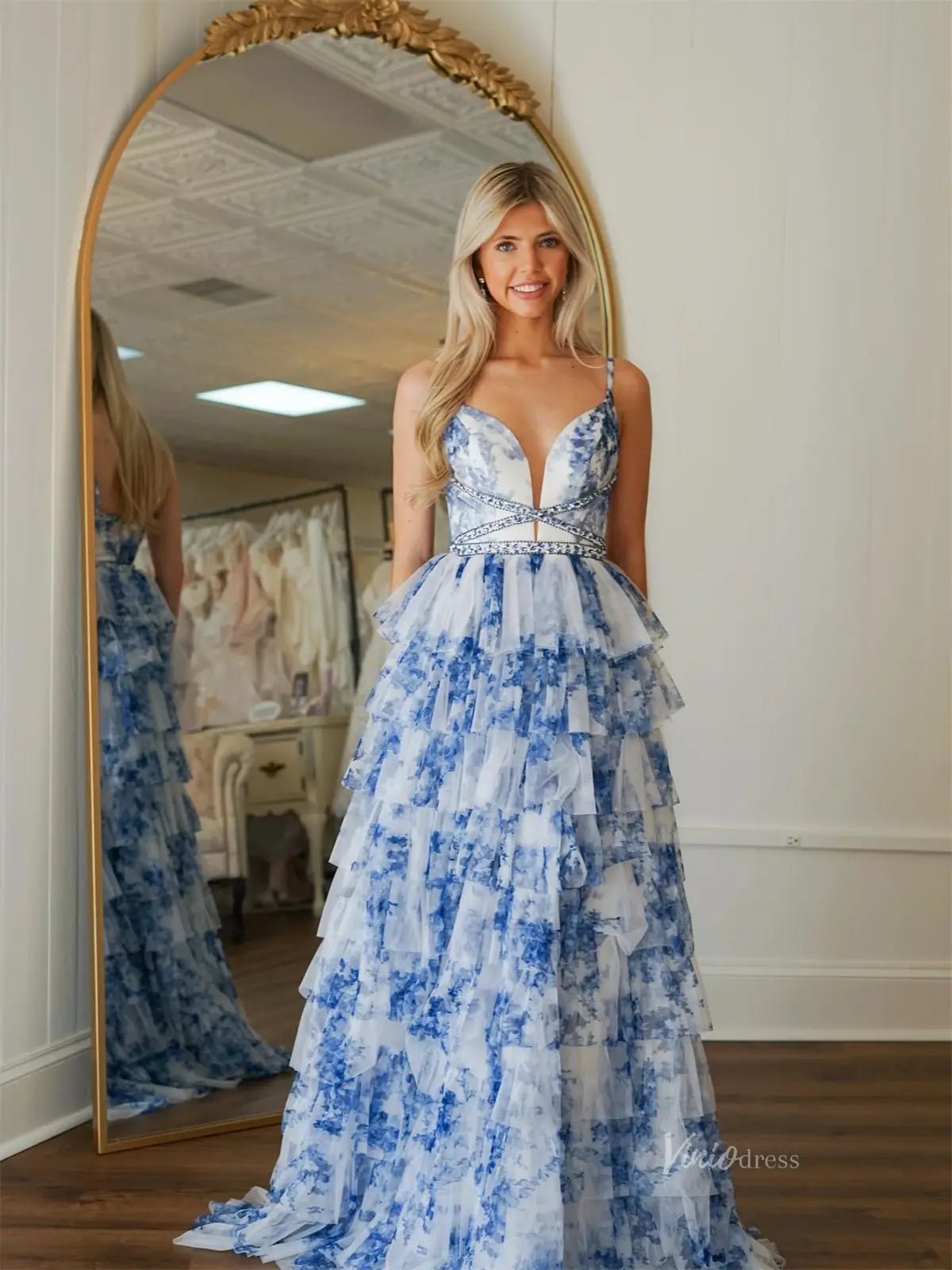 green emerald velvet dress Light Blue Floral Tulle Tiered Prom Dresses with Spaghetti Straps & Sw –  Viniodress
