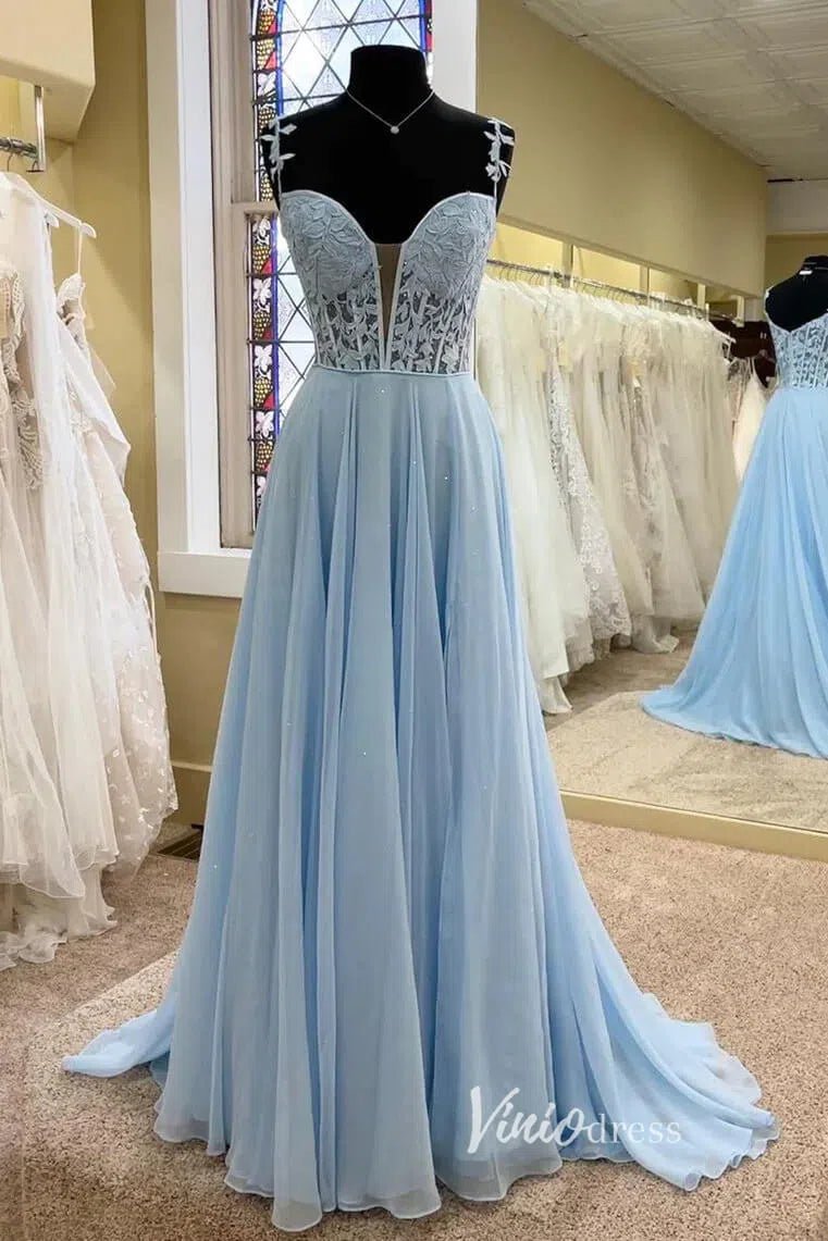 Light Blue Lace Applique Prom Dresses Chiffon Plunging V-Neck Formal G Viniodress Light Blue Lace Applique Prom Dresses Chiffon Plunging V-Neck Formal G Viniodress