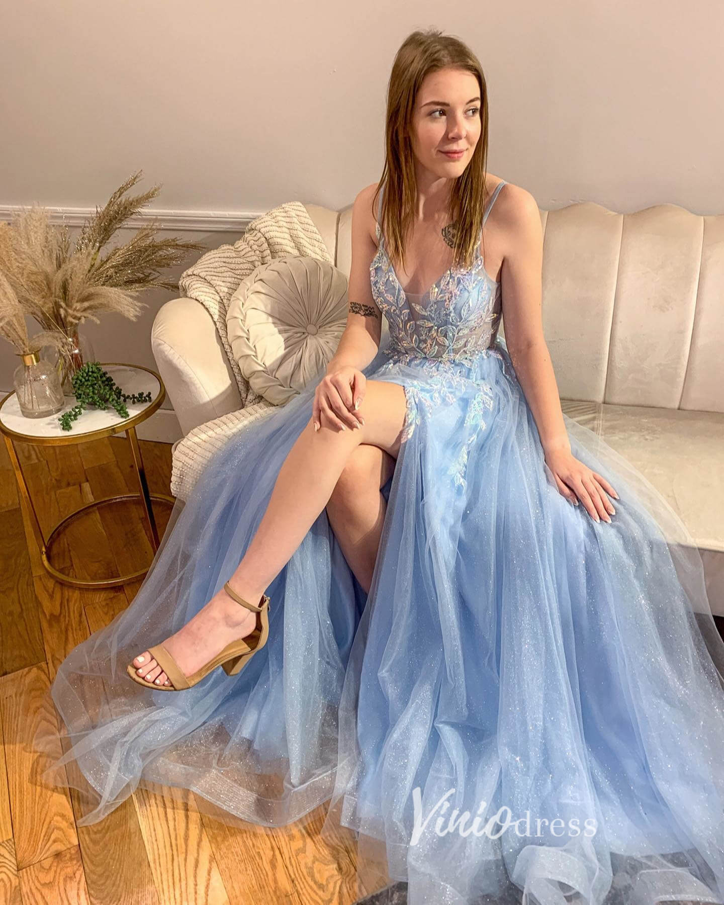 Light Blue Lace Applique Prom Dresses with Slit Spaghetti Strap Formal Viniodress Light Blue Lace Applique Prom Dresses with Slit Spaghetti Strap Formal Viniodress