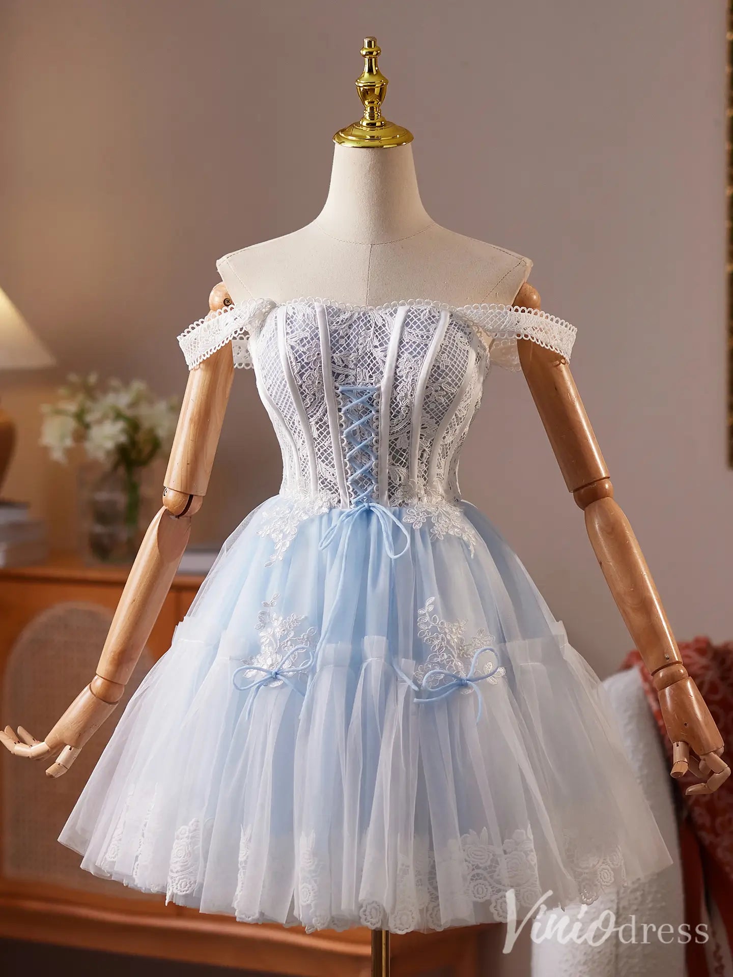 Light Blue Lace Corset Homecoming Dress with Square Neckline and Floral Tulle Skirt – BJ087-Homecoming Dresses 2025 -Viniodress-Light Blue-Custom Size-