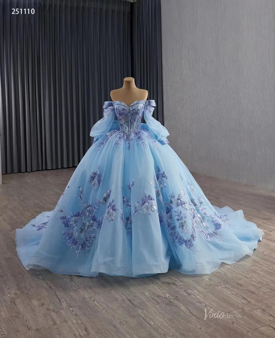 chinese dress ladies Light Blue Beaded Lace Prom Dresses Extra Long Sleeve Formal Gown FD34 –  Viniodress main image 1