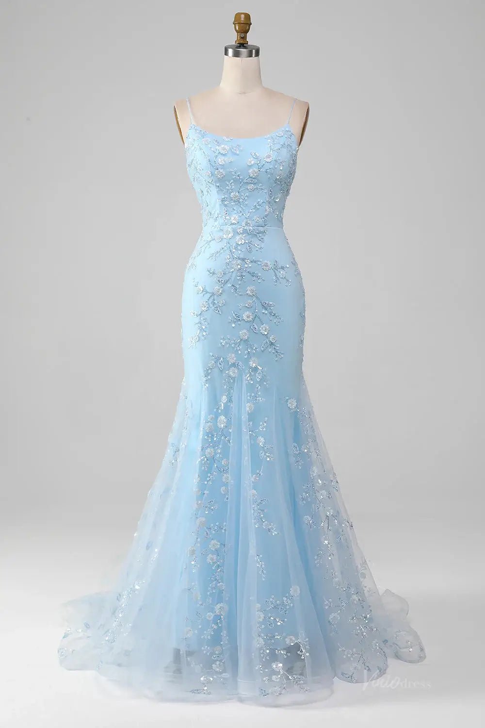 Light Blue Mermaid Prom Dress 2025 with Floral Lace & Spaghetti Straps Viniodress Light Blue Mermaid Prom Dress 2025 with Floral Lace & Spaghetti Straps Viniodress