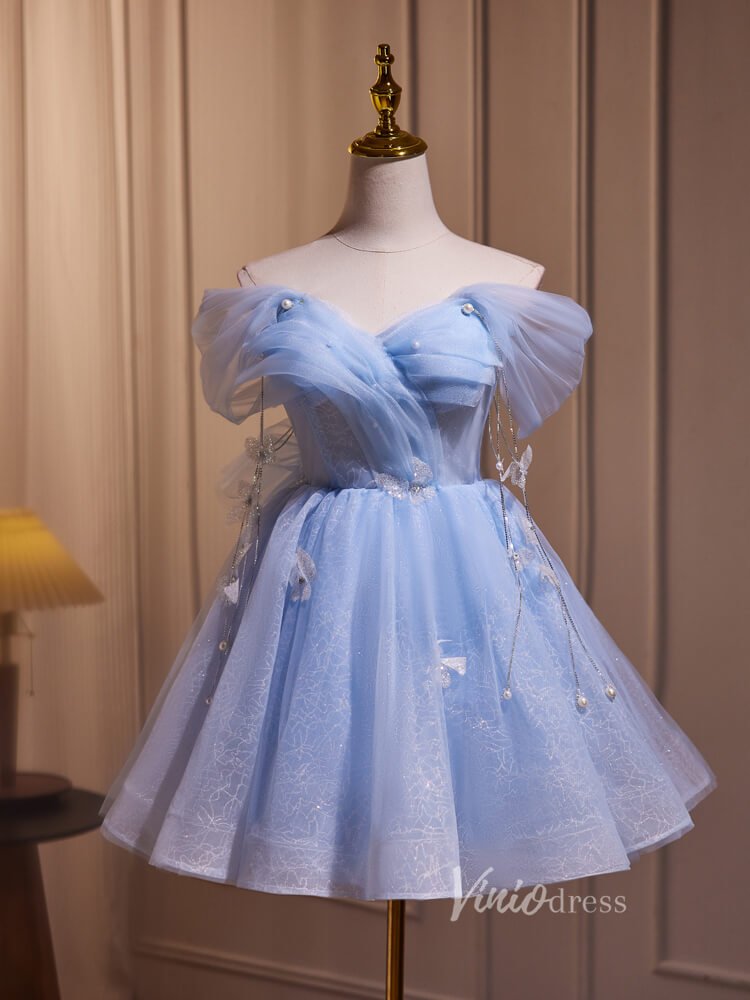 Light Blue Off the Shoulder Homecoming Dresses Beaded String Sparkly L Viniodress Light Blue Off the Shoulder Homecoming Dresses Beaded String Sparkly L Viniodress