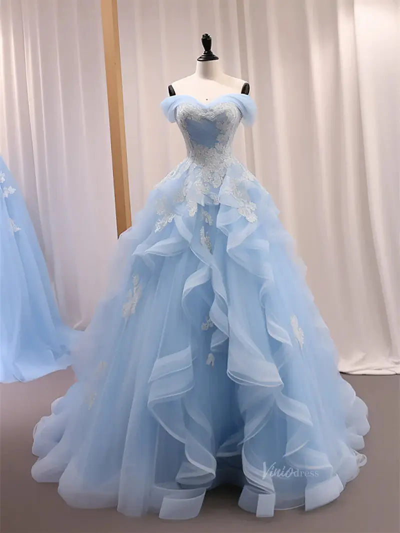 Light Blue Off the Shoulder Prom Dresses with Lace Bodice & Tiered Bot Viniodress Light Blue Off the Shoulder Prom Dresses with Lace Bodice & Tiered Bot Viniodress