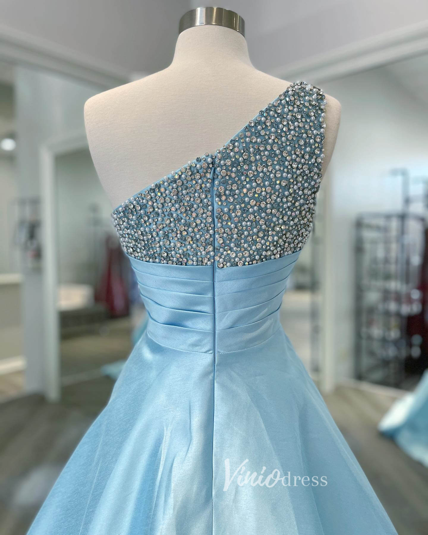 Light Blue One Shoulder Prom Dresses A-Line Beaded Evening Dress FD3036-prom dresses 2025 -Viniodress-Light Blue-Custom Size-