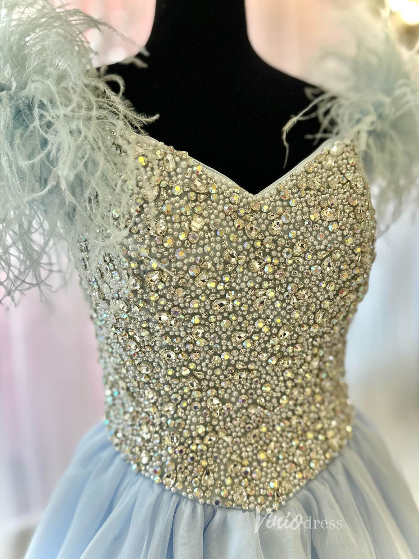Light Blue Organza Prom Dresses Beaded Bodice Feather Shoulder FD4027-prom dresses 2025 -Viniodress-Light Blue-Custom Size-