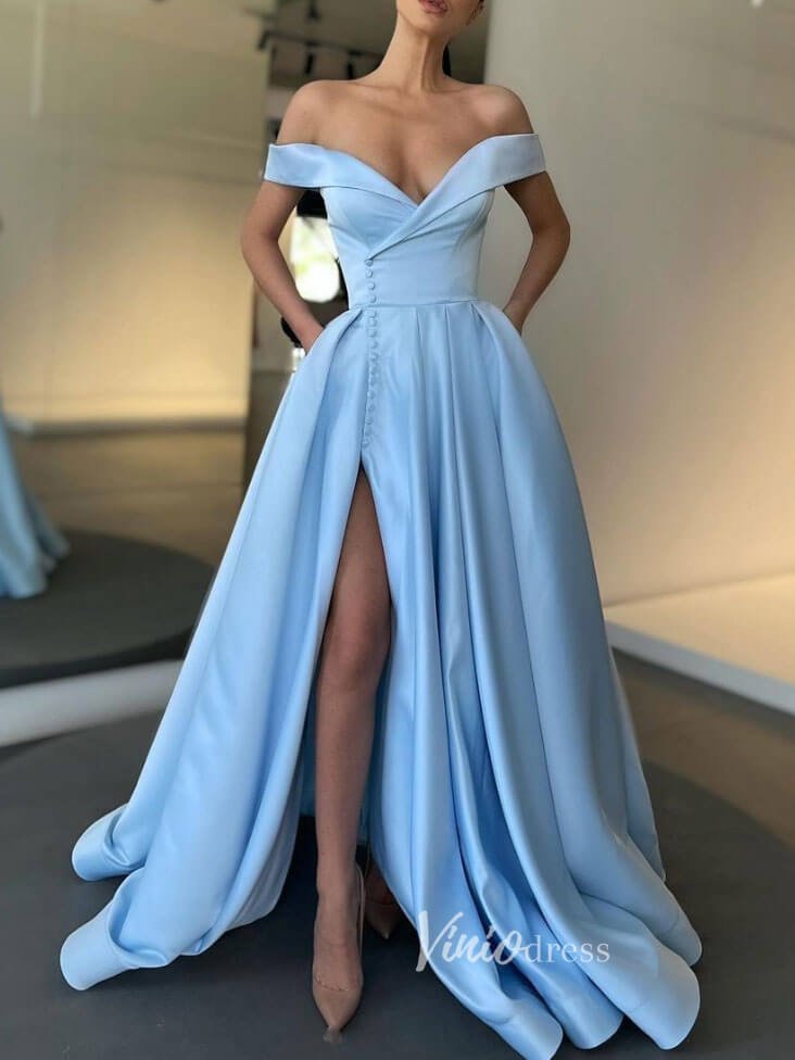 Light Blue Prom Dresses With Slit Off the Shoulder Evening Dress FD3075-prom dresses 2025 -Viniodress-Light Blue-Custom Size-