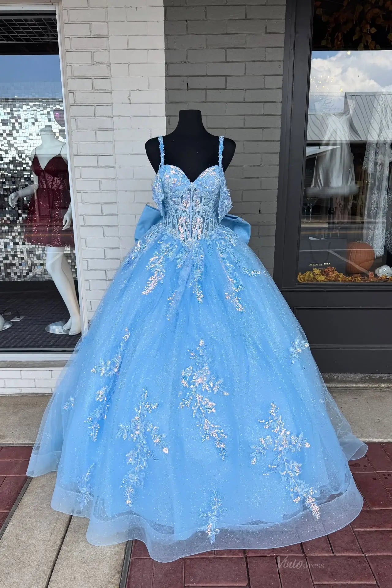 blue quince dresses Light Blue Sequin Lace Appliqué Quinceañera Ball Gown – QC002 – Viniodress