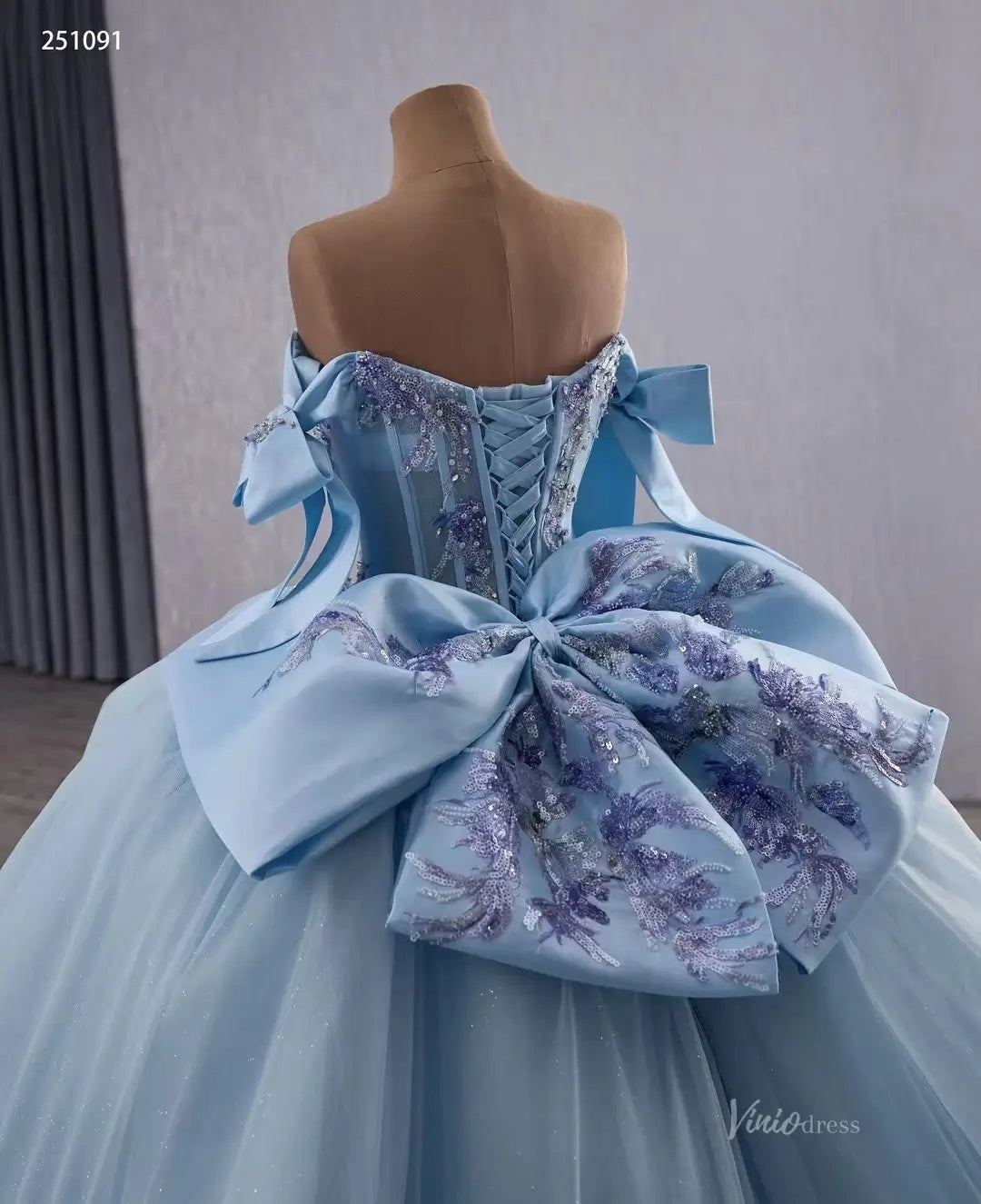 Light Blue Quinceañera Dress | Off-Shoulder Sparkly Debutante Ball Gown with Bow Sleeves 251091-Quinceanera Dresses 2025 -Viniodress-Light Blue-Custom Size-