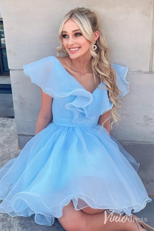 Light Blue Ruffled V-Neck Homecoming Dresses Organza Graduation Dress –  Viniodress