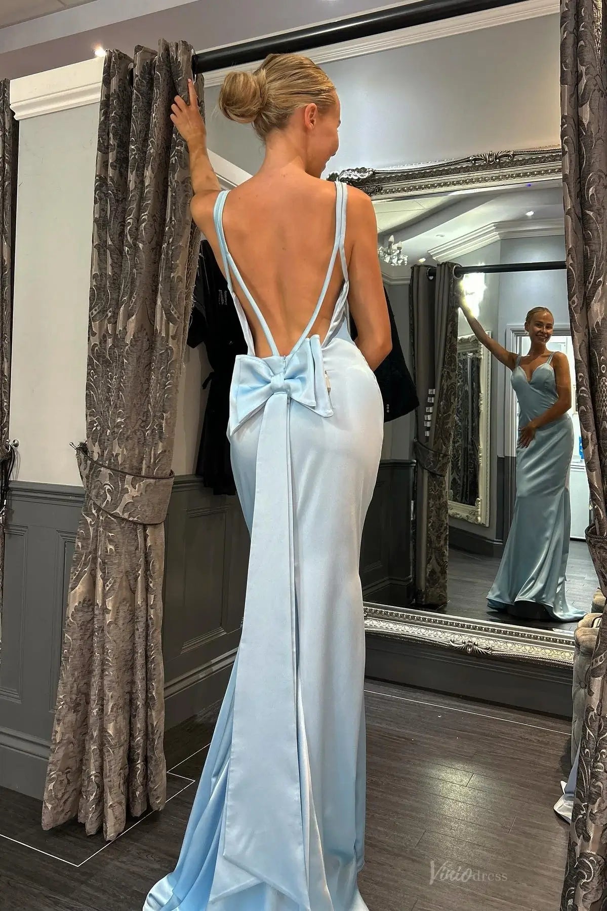 Light Blue Satin Bow Back Open Back Prom Dress SS184 Viniodress Light Blue Satin Bow Back Open Back Prom Dress SS184 Viniodress