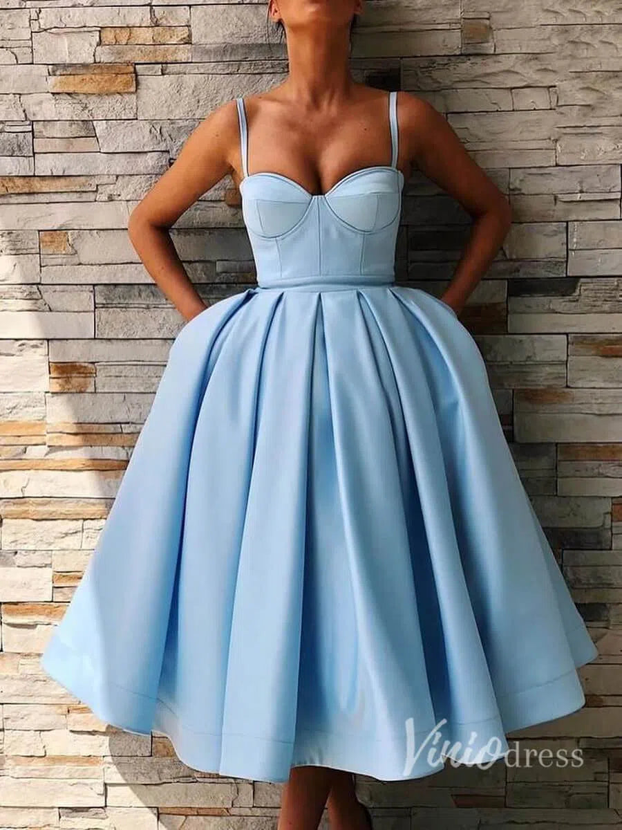 Light Blue Satin Tea-Length Prom Dress with Pockets & Lace-Up Back FD1322-prom dresses 2025 -Viniodress-Light Blue-Custom Size-