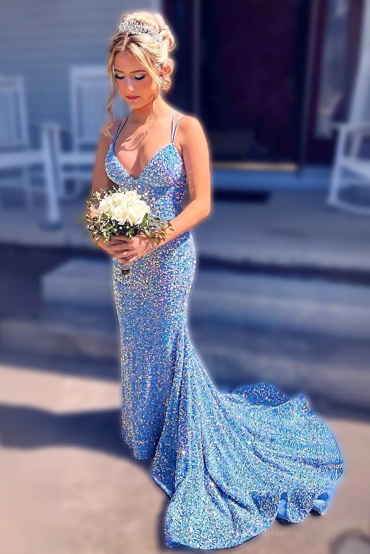 Light Blue Sequin Mermaid Prom Dress with Deep V Neck & Strappy Open Back – SQ007-prom dresses 2026-Viniodress-Light Blue-Custom Size-