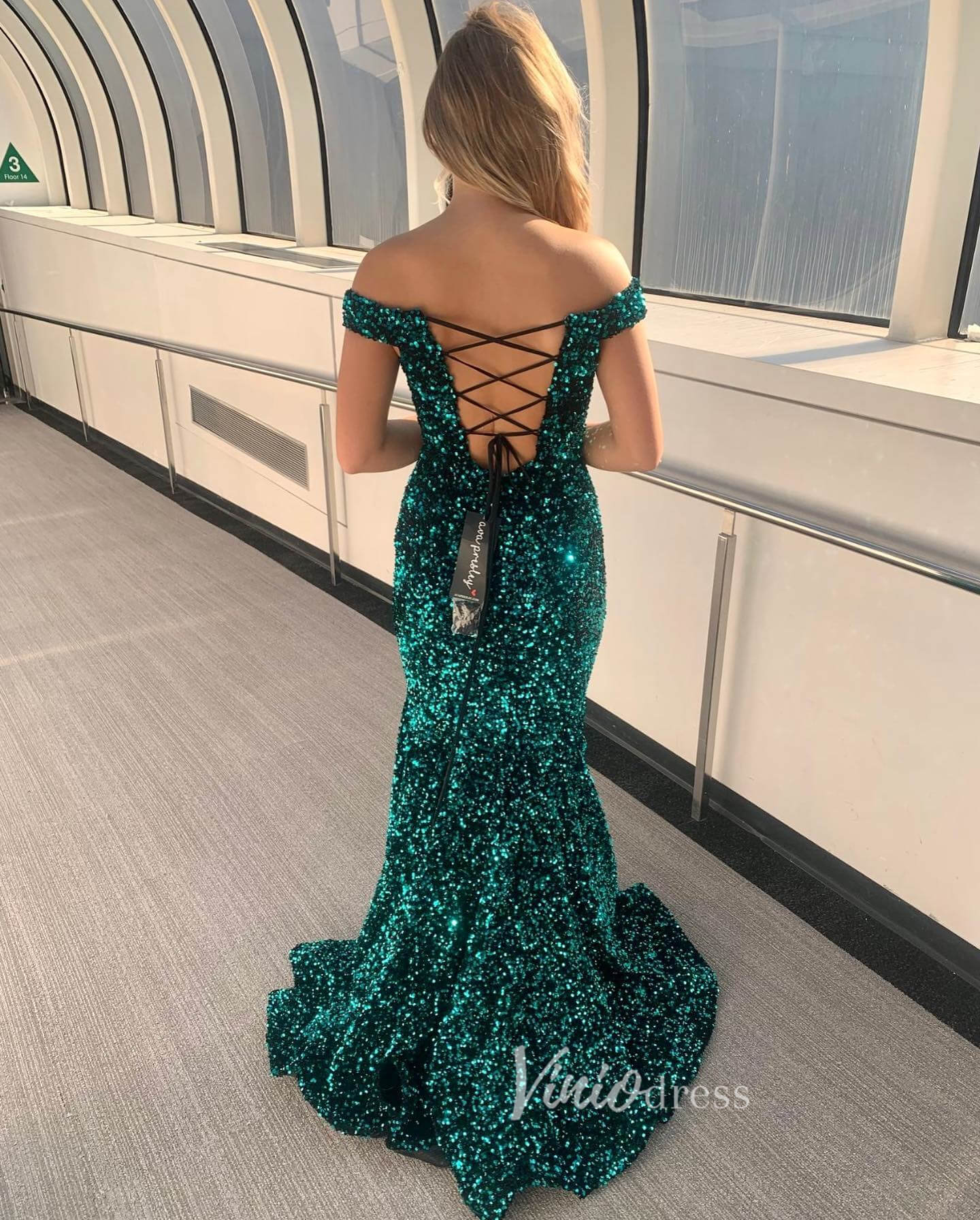 Light Blue Sequin Prom Dresses Mermaid Off the Shoulder Evening Dress FD3131-prom dresses 2025 -Viniodress-Light Blue-Custom Size-