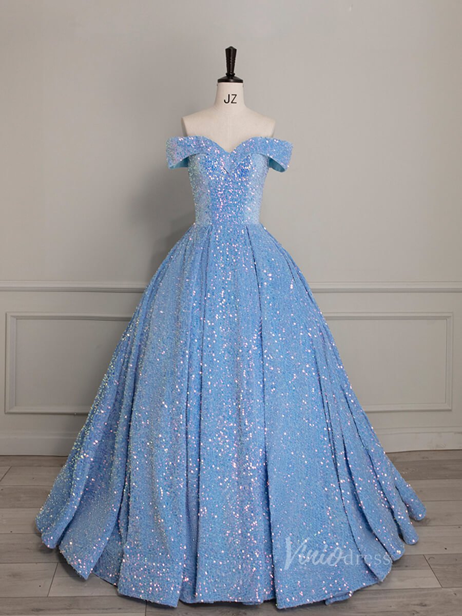Light Blue Sequin Prom Dresses Off the Shoulder Quinceanera Dress 9005   Viniodress