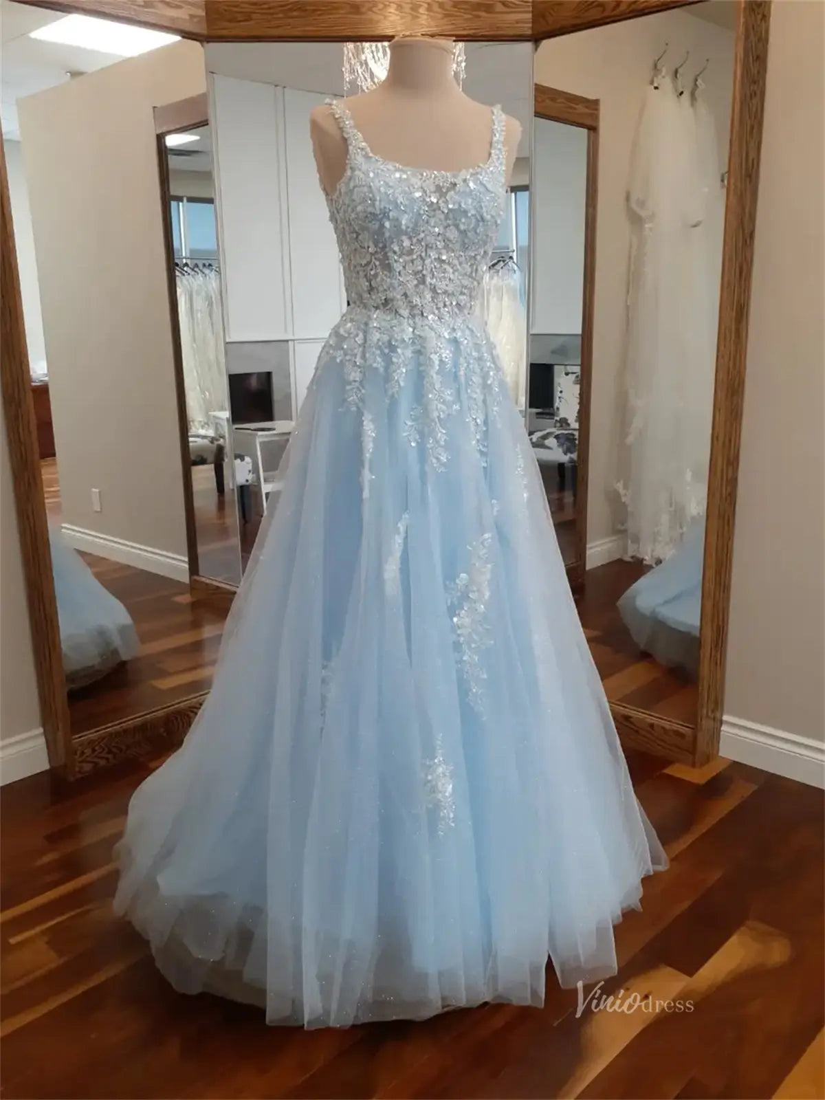 Light Blue Sparkly Lace Prom Dresses with Square Neck & Open Back - FD Viniodress Light Blue Sparkly Lace Prom Dresses with Square Neck & Open Back - FD Viniodress