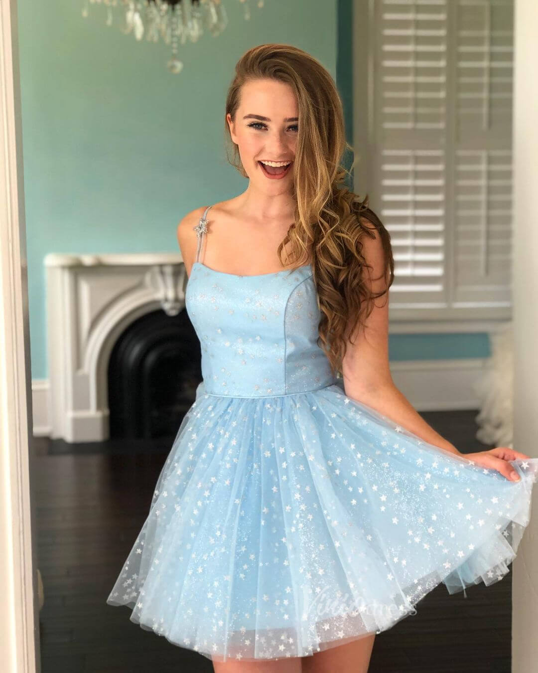 Light Blue Starry Homecoming Dresses Spaghetti Strap SD1362 – Viniodress