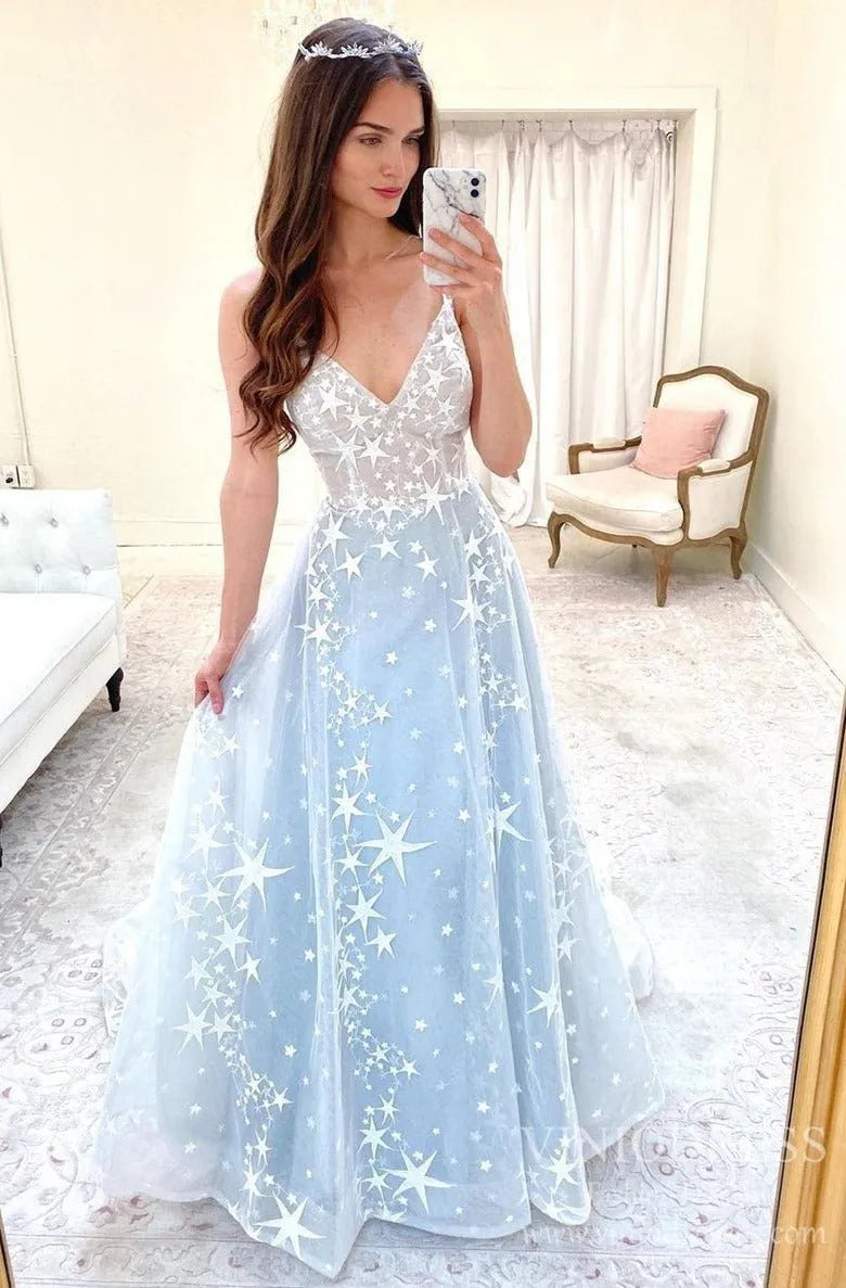 open lace back dress Light Blue Starry Lace Prom Dresses Spaghetti Strap FD2555 – Viniodress