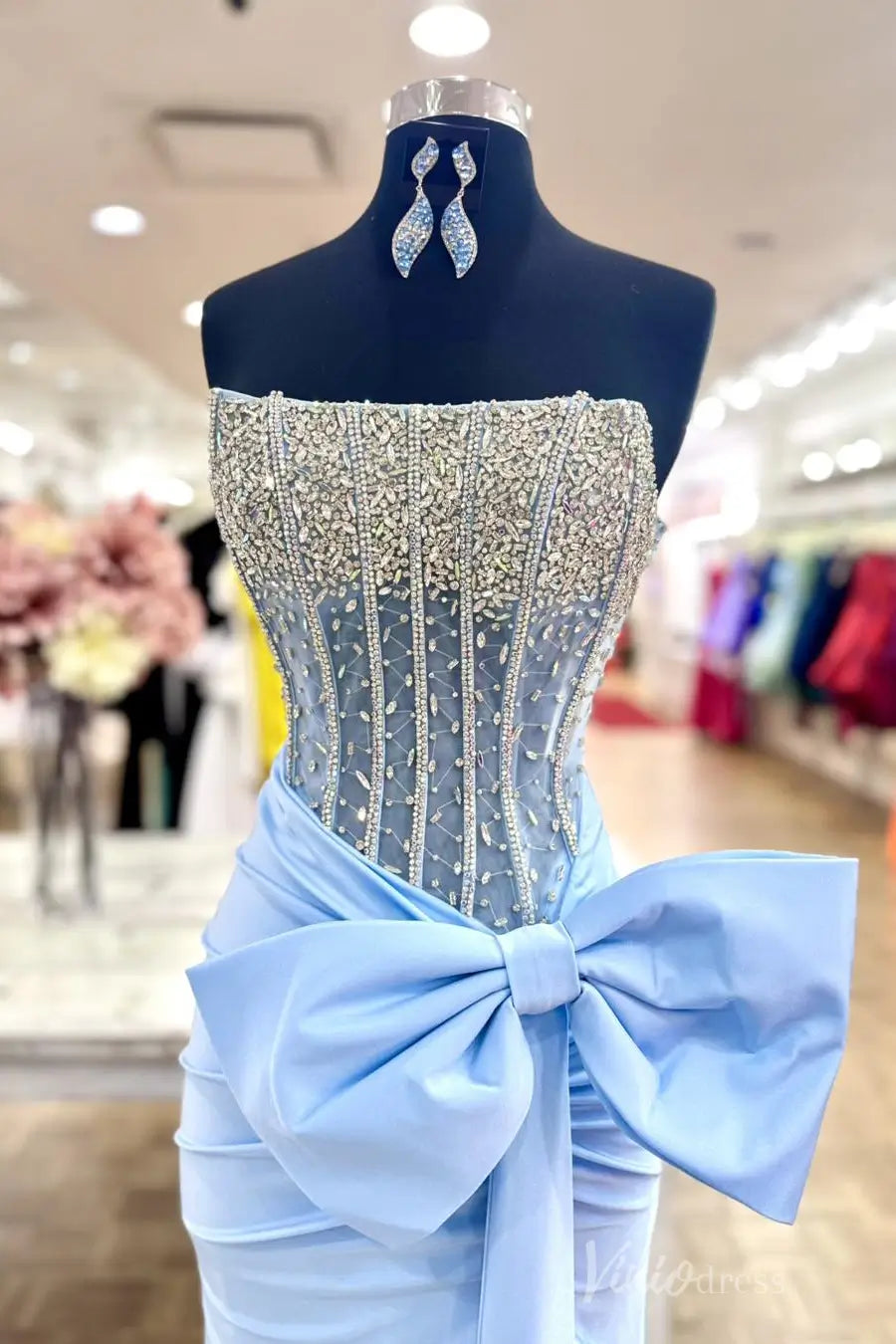 Light Blue Strapless Prom Dress with Beaded Corset Bodice and Satin Bow Detail – SS080-prom dresses 2025 -Viniodress-Light Blue-Custom Size-