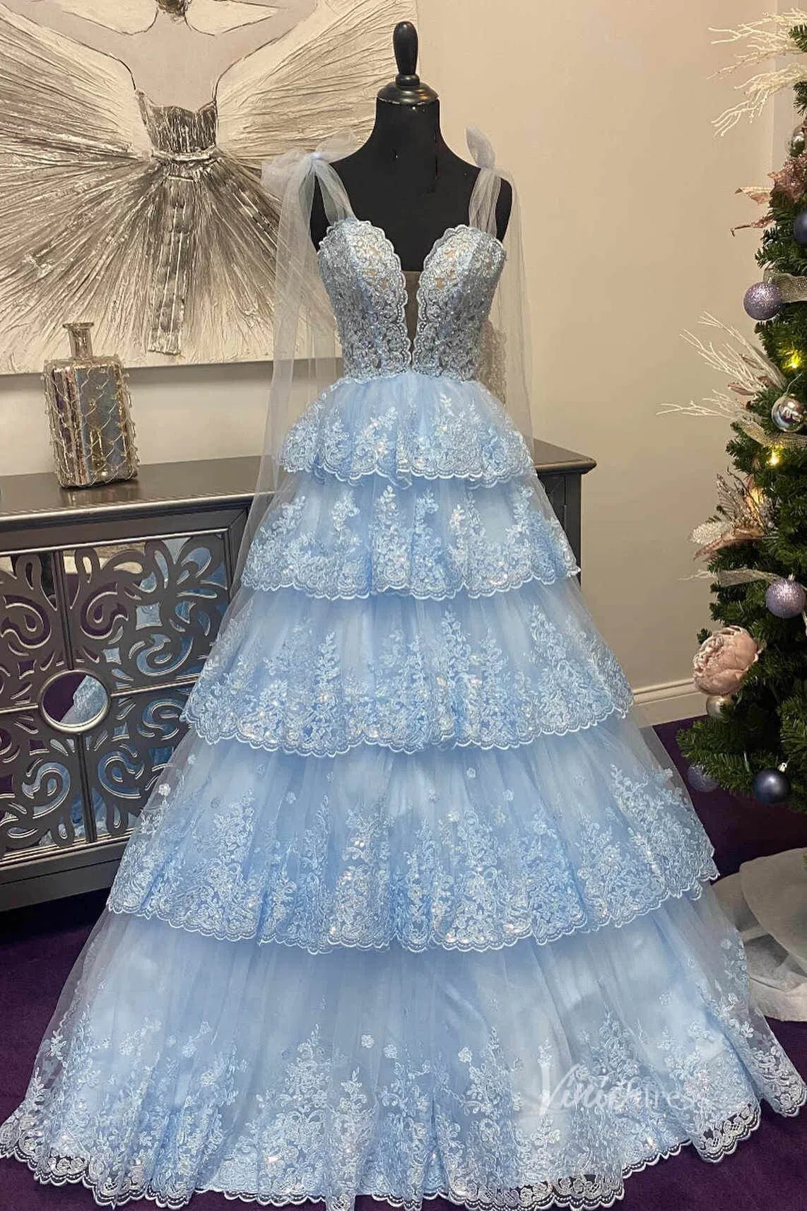 white christmas dresses Light Blue Tiered Ruffle Prom Dresses Elegant Lace Ruffle Gowns FD4037 –  Viniodress