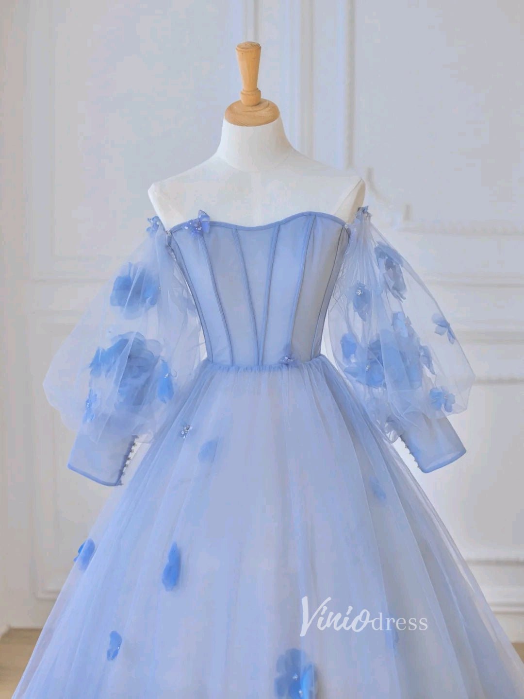 Light Blue Tulle Prom Dresses 3D Flower Long Sleeve Ball Gown FD3229-prom dresses 2025 -Viniodress-Light Blue-Custom Size-