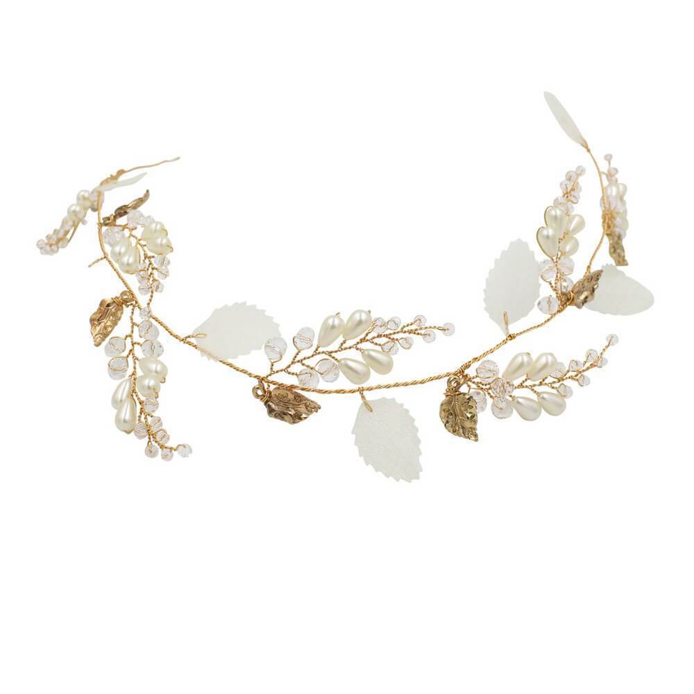 Light Gold Crystal and Pearl Headband with Leaf AC1199-Headpieces 2025 -Viniodress-Headband-
